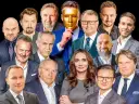 Portret zbiorowy znanych twarzy, wśród nich najbogatsi aktorzy w Polsce. Złota maska skrywa jedną z postaci.