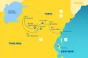 Mapa turystyczna Kenii i Tanzanii z zaznaczonymi parkami narodowymi, miastami i trasami podróży.