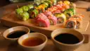 Kolorowe rolki sushi na desce, gotowe do zanurzenia w aromatycznych sosach.
