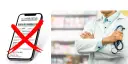 Telefon z e-receptą i przekreśleniem, obok lekarz w kitlu ze stetoskopem.
