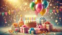 Wspaniałe życzenia na 50 urodziny! Tort, prezenty, balony i konfetti tworzą magiczną atmosferę.
