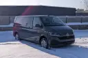 Szary bus 9-osobowy Volkswagen stoi na śniegu.