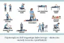 Ilustracje przedstawiające różne ćwiczenia fizjoterapeutyczne i terapie na ból kręgosłupa.