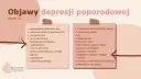 Grafika z listą objawów depresji poporodowej, w tym zaburzenia snu, wahania nastroju, lęk i apatia.