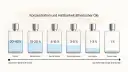 Sechs Parfumflaschen mit unterschiedlichen Konzentrationen und Füllständen, die die Haltbarkeit von Duftölen zeigen.