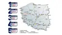 Mapa Polski z zaznaczonymi odcinkami autostrad A1, A2, A4, A6, A8, A18 i ich opłatami.