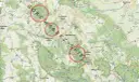 Mapa szlaków turystycznych w Górach Wałbrzyskich. Widoczne zaznaczone obszary i nazwy miejscowości.