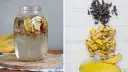 Słoik z wodą i kawałkami bananów, obok stosy skórek. To domowy nawóz z banana dla roślin.