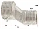 Metalowy nyplowy reduktor z gwintami 3/4" i 1/2". Wymiary: 13, 17, 15, 32,4, 45 mm. Idealny do instalacji, gdzie potrzebne są różne krzywki do baterii rozmiary.
