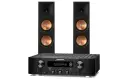 Marantz PM7000N z dwoma czarnymi kolumnami z miedzianymi membranami. Idealny zestaw do słuchania muzyki.