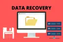 Grafika przedstawia komputer z otwartym folderem, dyskietkę i serwery. To wizualizacja programu do odzyskiwania danych.