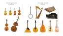 Instrumenty strunowe smyczkowe i szarpane: skrzypce, altówka, wiolonczela, kontrabas, harfa, banjo, gitary, mandolina, bałałajka, cymbały.