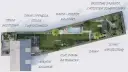 Wizualizacja ogrodu: strefa wejściowa, taras z pergolą, basen, trawnik, plac zabaw, domek narzędziowy i brzozowy zagajnik z miejscem do wypoczynku.