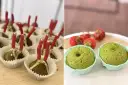 Dwa ujęcia: muffinki z czerwonymi patyczkami i posypką, oraz zielone muffinki z truskawkami.