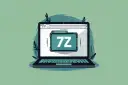 Ilustracja laptopa z ikoną folderu 7z na ekranie. Dowiedz się, jak otworzyć plik 7z.