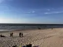 Plaża nad Bałtykiem z kilkoma spacerującymi osobami i widokiem na morze.