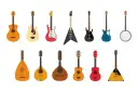 Rząd gitar akustycznych, elektrycznych i banjo obok rzędu lutni, mandolin i balalajki – różnorodne instrumenty muzyczne strunowe.