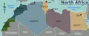 Mapa przedstawia kraje Afryki Północnej: Maroko, Algierię, Tunezję, Libię i Egipt, z dostępem do Oceanu Atlantyckiego i Morza Śródziemnego.