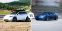 Biały Tesla Model Y z deską surfingową na dachu i niebieski Tesla Model S w ruchu.