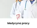 Dwóch lekarzy w białych fartuchach ze stetoskopami, z logo i napisem "Medycyna pracy".