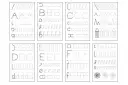 Zestaw ćwiczeń do nauki pisania liter drukowanych: A, B, C, D, E, F, a, b, c, d, e, f. Dzieci ćwiczą pisanie kształtów i liter.
