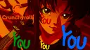 Anime-Figur mit Crunchyroll-Logo und bunten "you"-Schriftzügen.