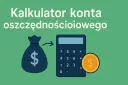 Kalkulator konta oszczędnościowego: worek pieniędzy, kalkulator i moneta. Dowiedz się, jak obliczyć zysk z konta oszczędnościowego.
