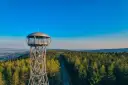 Metalowa jagodna wieża widokowa wznosi się nad gęstym lasem iglastym, oferując zapierającą dech w piersiach panoramę.