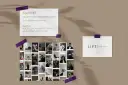Jak stworzyć spójny moodboard stylowej imprezy: inspiracje, fonty Spectral i Gantari, logo LIFT DIGITAL, zdjęcia ludzi przy pracy i detale.