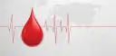 Kropla krwi i EKG na tle mapy świata. Symbolizuje to globalne znaczenie transfuzji i potrzebę pomocy, zwłaszcza gdy w grę wchodzą najrzadsze grupy krwi.