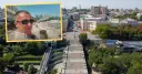 Mężczyzna w okularach przeciwsłonecznych na tle panoramy Odessy z widoczną plażą i schodami.