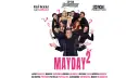 Plakat "Mayday 2" z grupą aktorów w czarnych strojach, z pytajnikami i wstążkami.