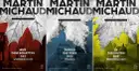 Drei Buchcover von Martin Michaud mit stilisierten Blättern und Stadtansichten in Rot, Blau und Gelb.