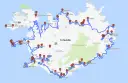 Map of Iceland showing a blue route connecting various attractions marked with red pins and letters.