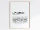 Gerahmtes Poster mit der Definition von "60. Geburtstag" in schwarzer Schrift auf weißem Hintergrund.