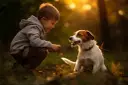 Chłopiec i jack russell terrier w złotym świetle zachodzącego słońca. Ich spojrzenia się krzyżują, tworząc magiczną więź między dziećmi a ich czworonożnymi przyjaciółmi.
