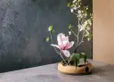 Delikatne kompozycje ikebana: różowa magnolia i białe kwiaty na gałązkach, w ceramicznej misie.