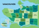 Mapa pokazuje gdzie leży Vancouver w Kanadzie, z podziałem na dzielnice: Downtown, Kitsilano, Stanley Park i inne.