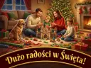 Rodzina buduje zamek z klocków przy choince, piesek patrzy. Wesołych Świąt!