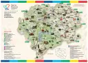 Mapa pokazuje, gdzie leżą Kaszuby, z zaznaczonymi atrakcjami, szlakami rowerowymi, kajakowymi i pieszymi.