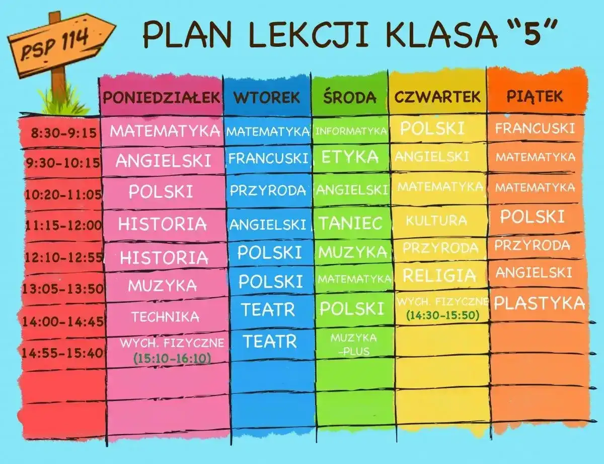 Klasa 5 - przedmioty i plan lekcji piątoklasisty