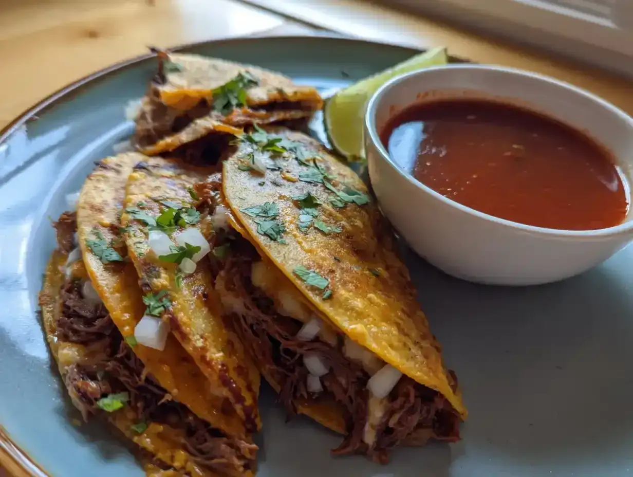 Birria tacos med krispig tortilla och mustig consomé