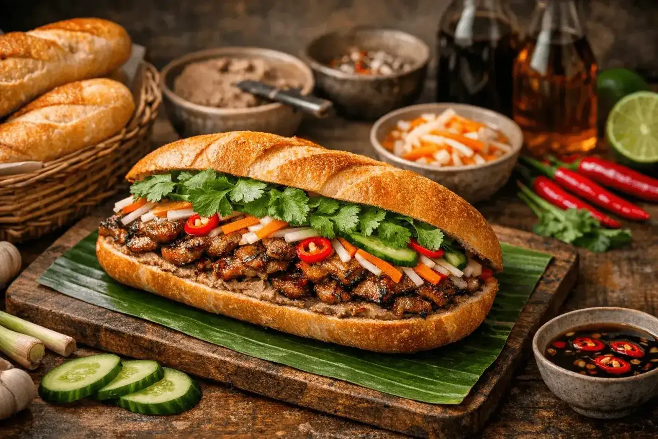 Banh mi hemma med krispigt bröd och picklade grönsaker