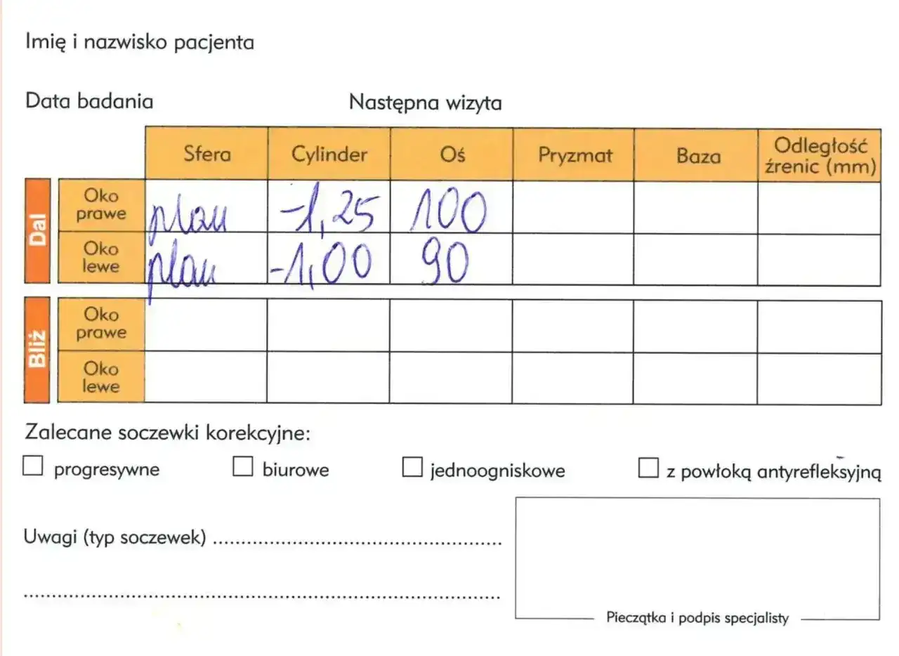 Wynik badania wzroku - Jak czytać SPH, CYL, AXIS i PD?