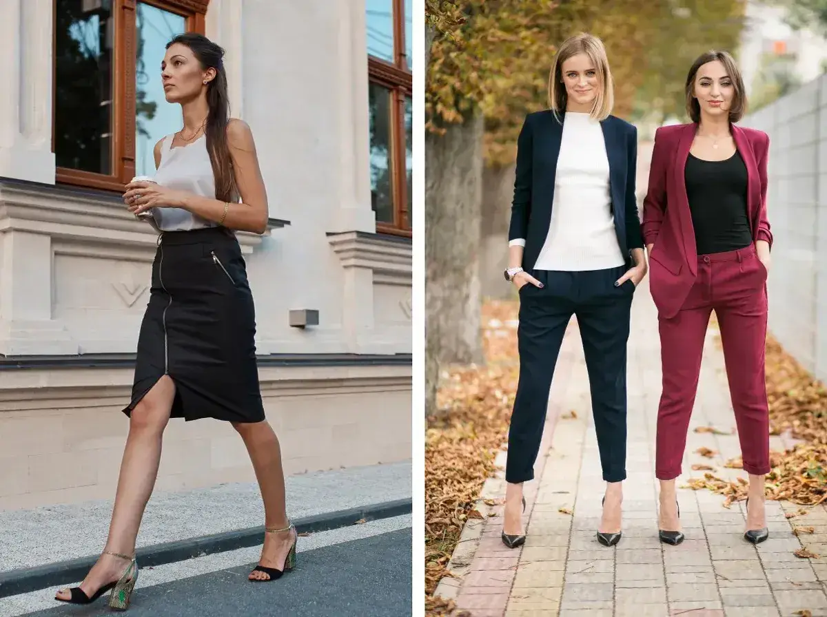 Kobiety w eleganckich stylizacjach, jedna w czarnej spódnicy i topie, druga w granatowym i bordowym garniturze. Casualowy styl na co dzień.