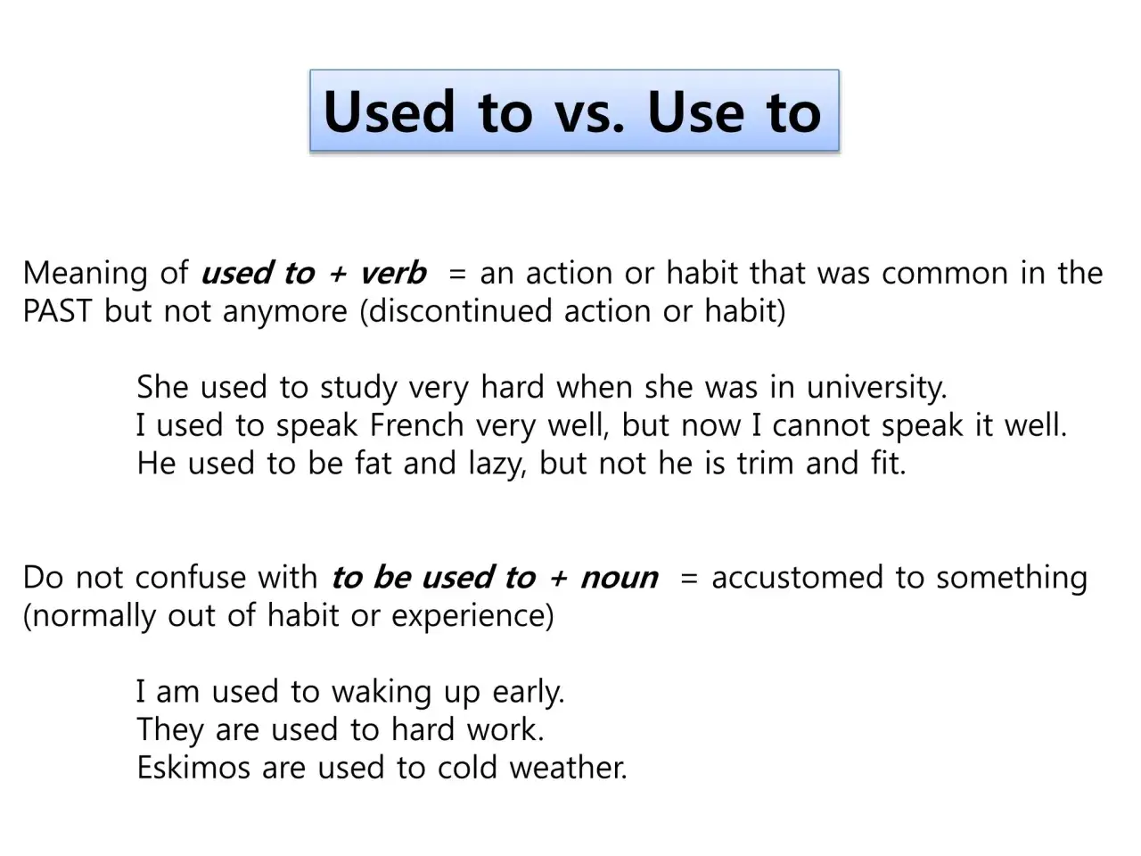 Wyjaśnienie "used to" (dawniej coś się robiło, ale już nie) i "to be used to" (być przyzwyczajonym do czegoś).