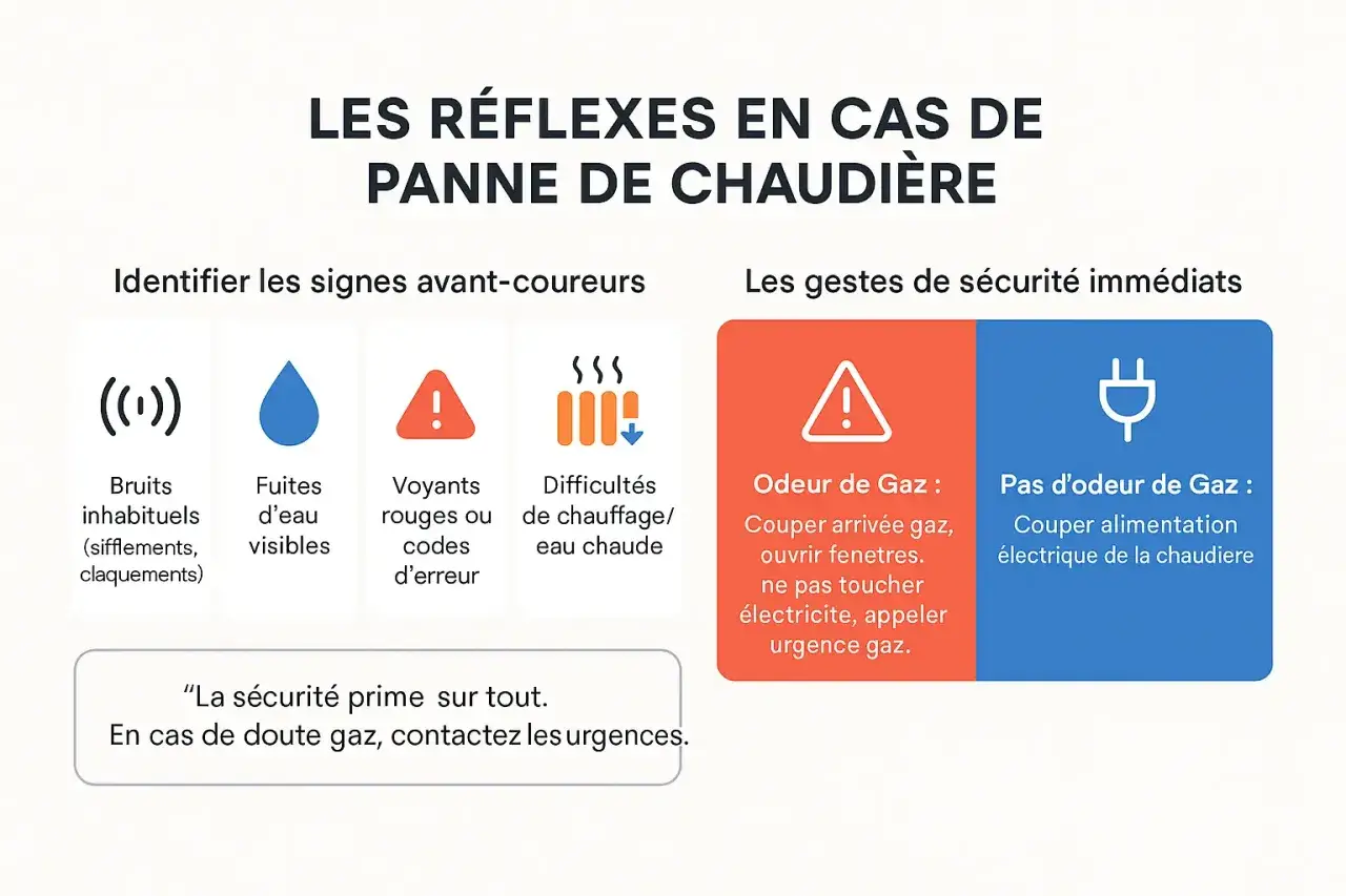 Guide sur les réflexes en cas de panne de chaudière fioul : bruits inhabituels, fuites, voyants rouges, difficultés de chauffage. Que faire si la chaudière fioul démarre puis s'arrête.