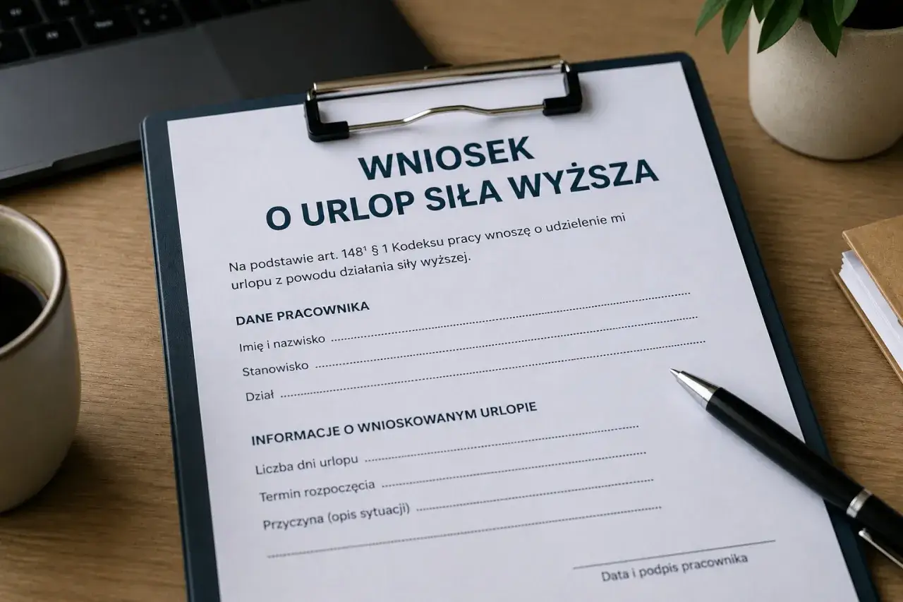 Wniosek o urlop siła wyższa. Dokument zawiera dane pracownika i informacje o wnioskowanym urlopie.