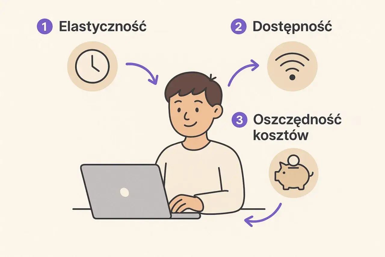 Chcesz wiedzieć, jakie kursy warto zrobić? Grafika pokazuje elastyczność, dostępność i oszczędność kosztów jako kluczowe zalety nauki online.