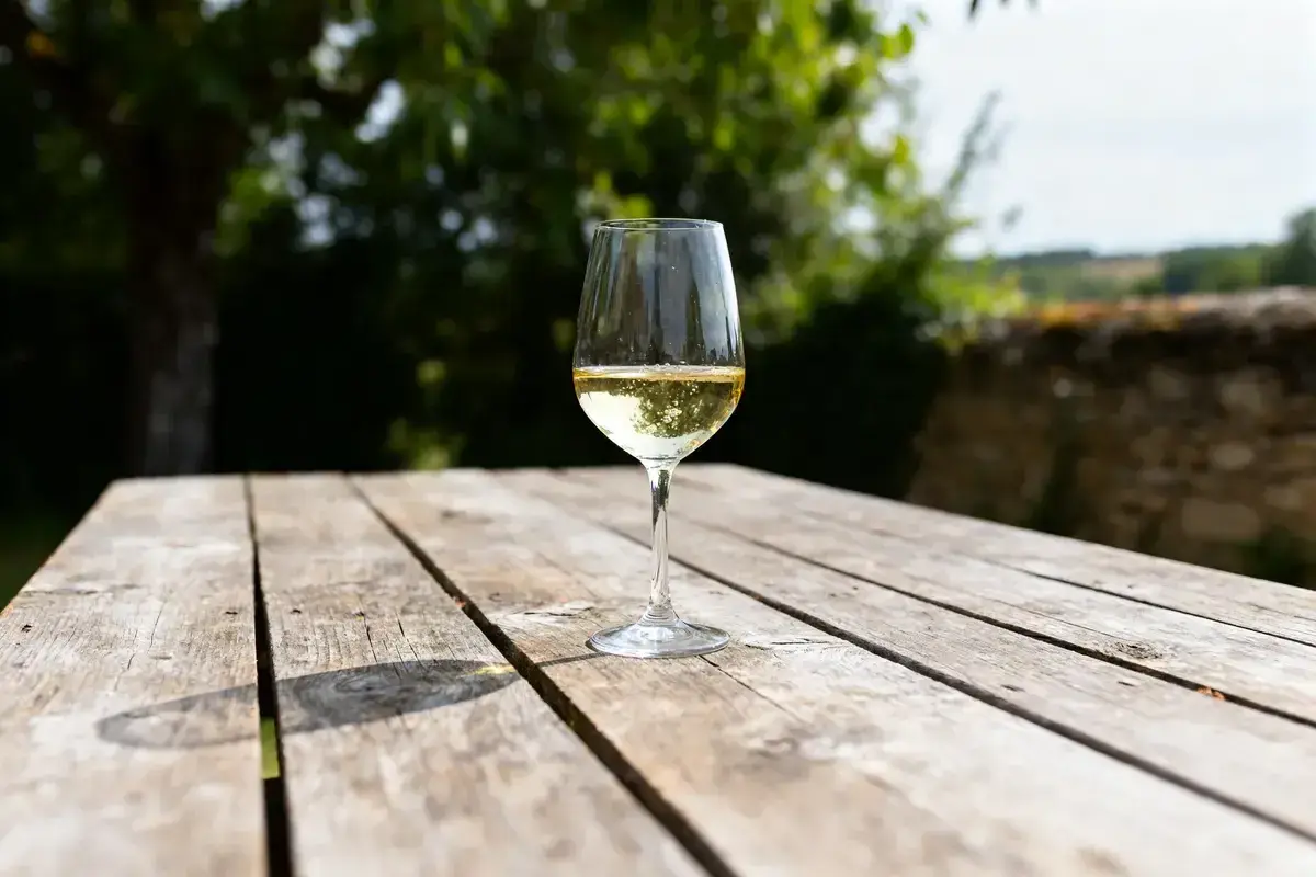 Verre de vin blanc pétillant, un cépage bourgogne aligoté, sur une table en bois à l'extérieur.